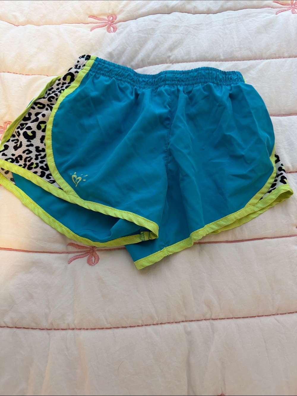 Justice Teal Athletic Shorts with Neon Lime Trim and Leopard Panels